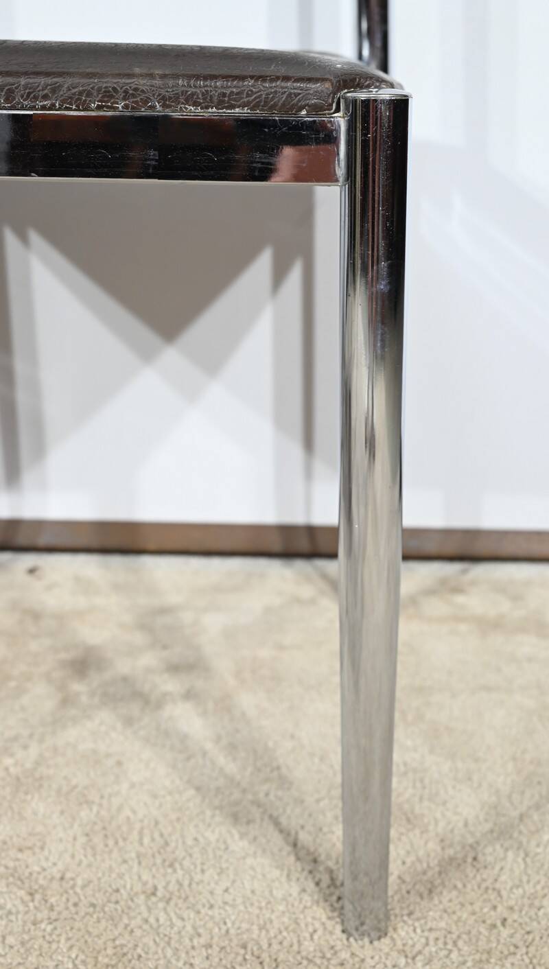 Suite of 3 Leather and Chrome Metal Chairs, attributed to Collomb Creation – 1970