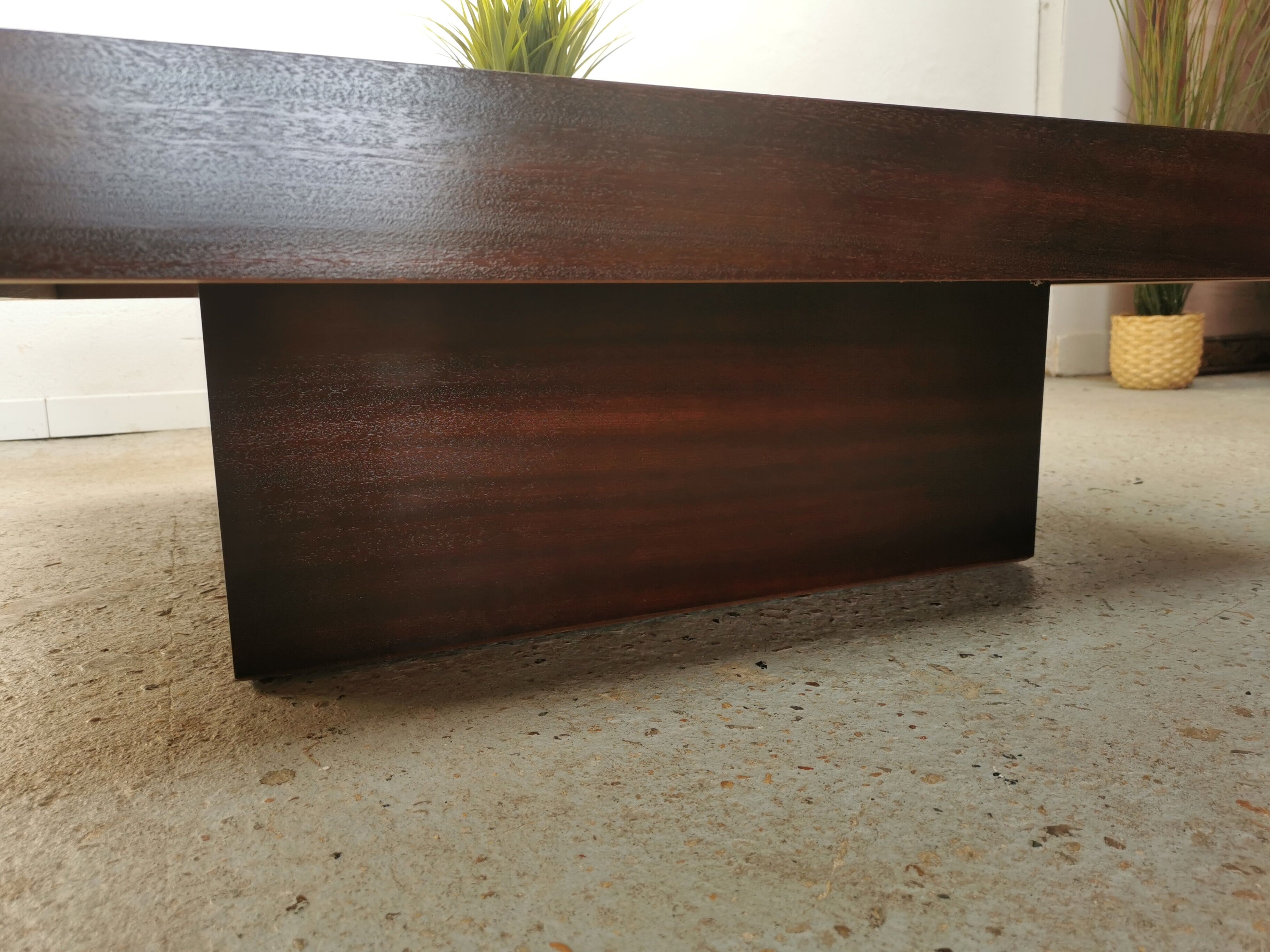 Table basse vintage travertin et bois design 1970