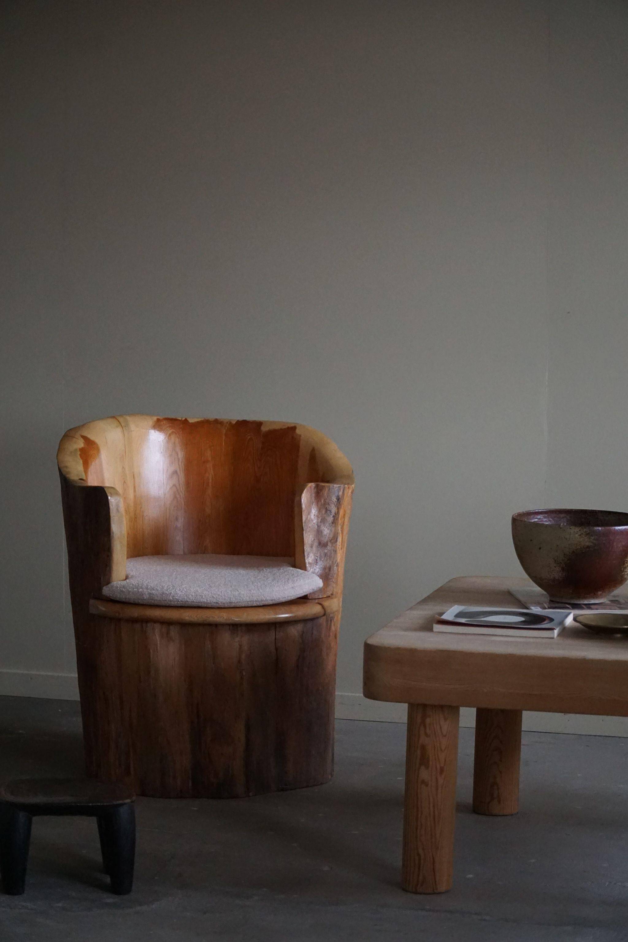 Sculptural stump chair, Brutalism, Wabi Sabi in solid pine, Swedish, 1968.