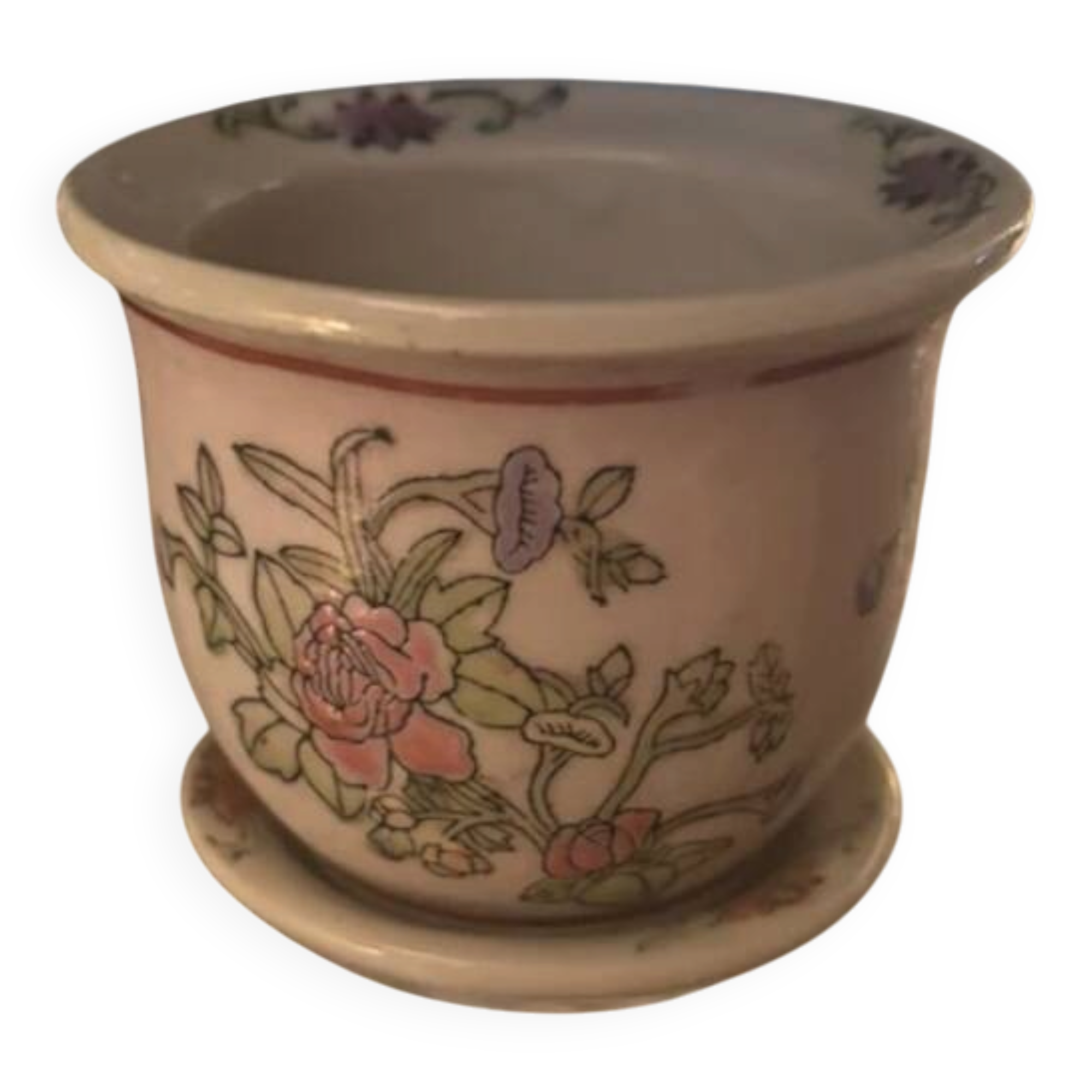 Mini porcelain cache-pot in Chinese style with its saucer.