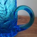 Blue Glass Pitcher with Bark Effect and Bumpy Texture, Geoffrey Baxter or Ingrid Glasshütte, 1960s-70s