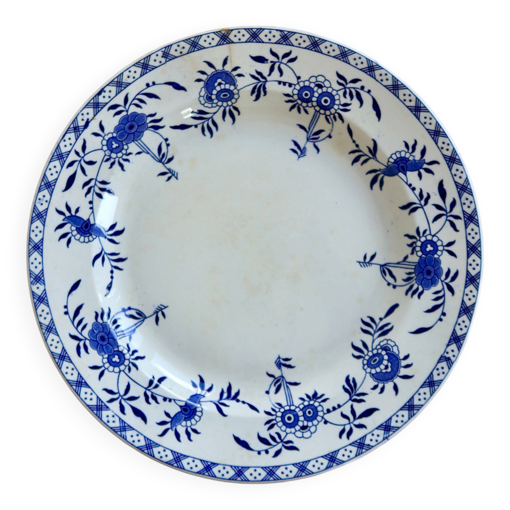 Large round antique plate, blue and white Dresden porcelain.