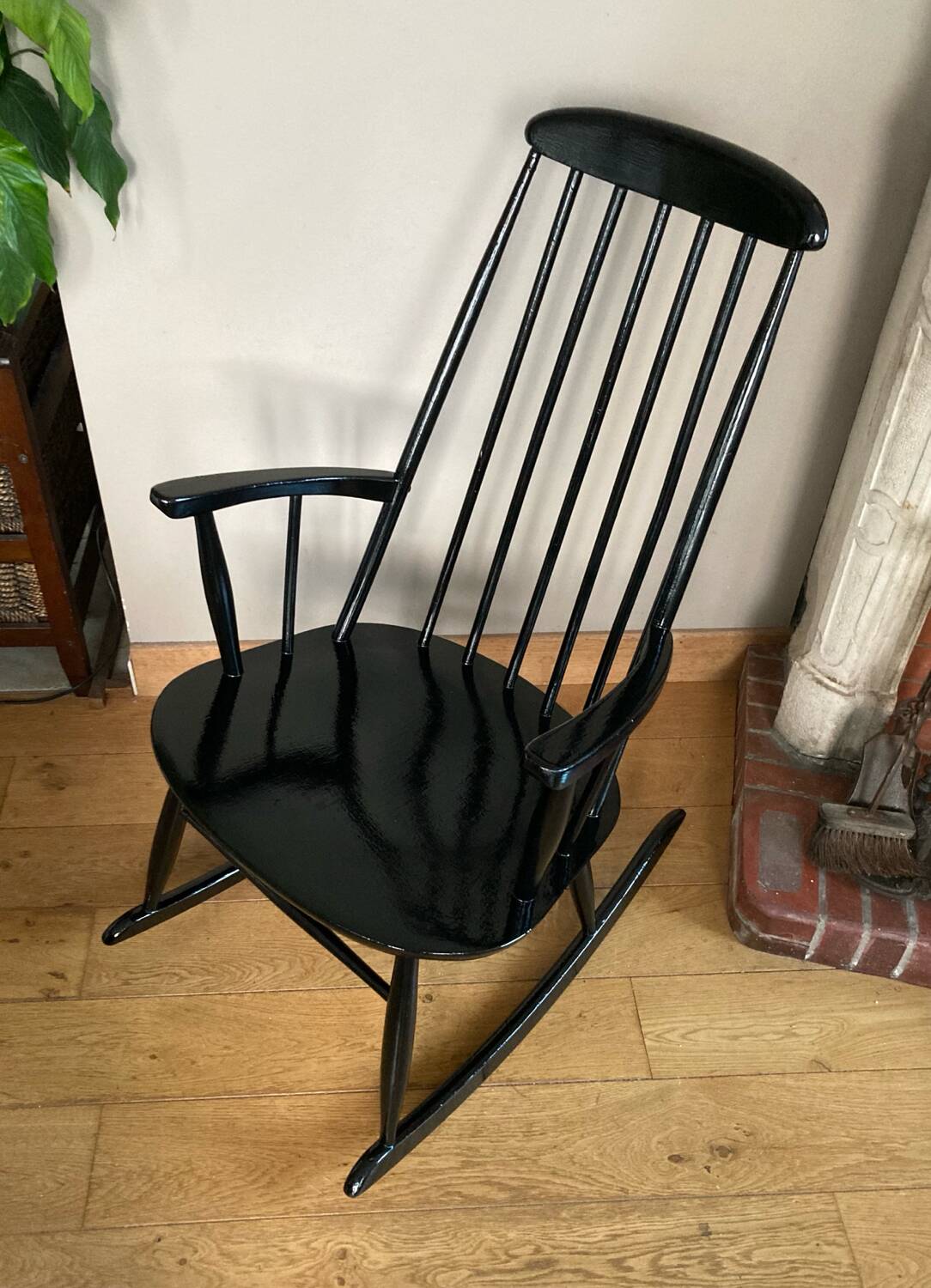 Vintage Scandinavian rocking chair in blackened wood from the 1970s