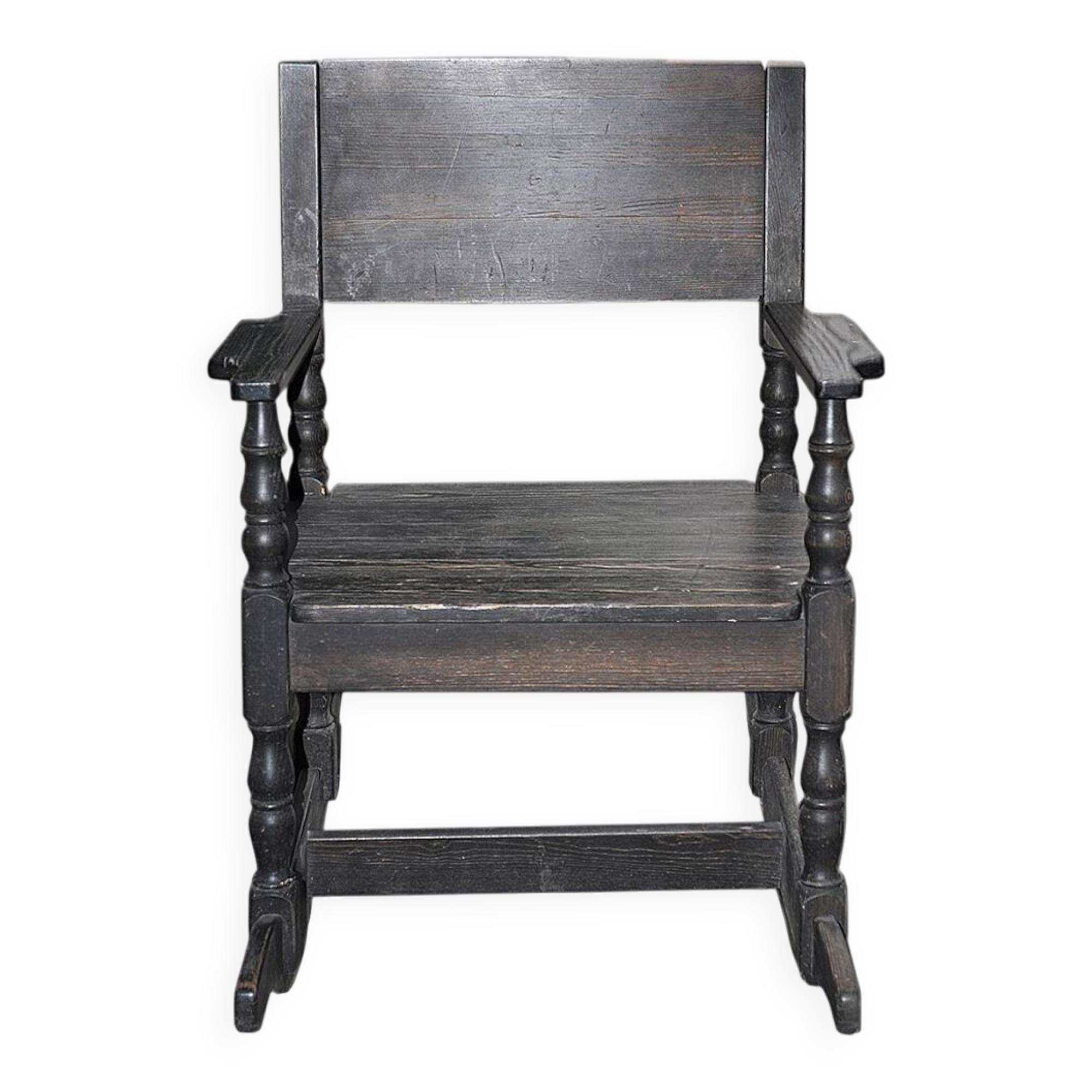 Rocking-chair vintage en bois massif marron, années 1950, dossier plat et pieds tournés