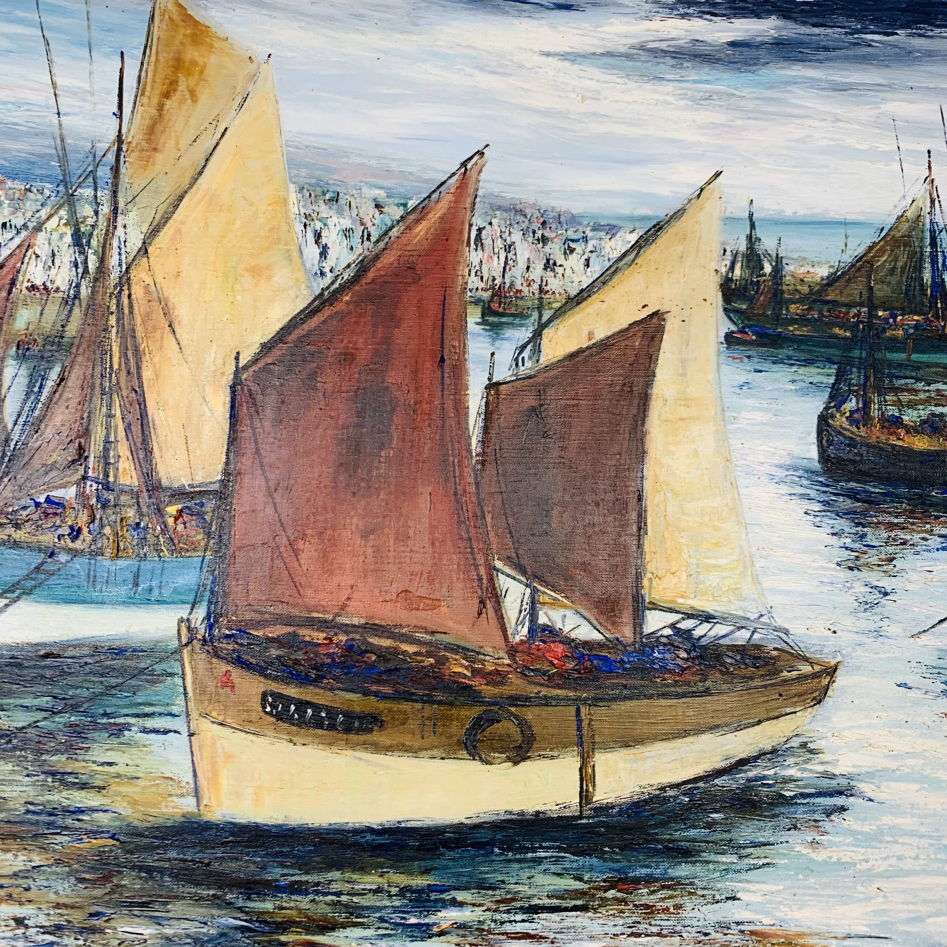 Marine painting of Géo Bory "In the port of Douarnenez"