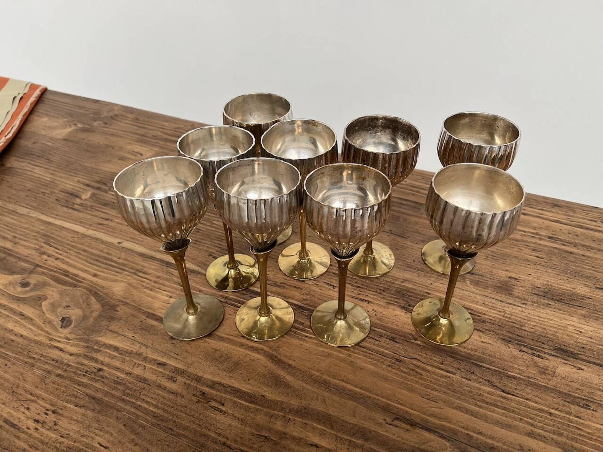 9 old glasses in silver metal and brass