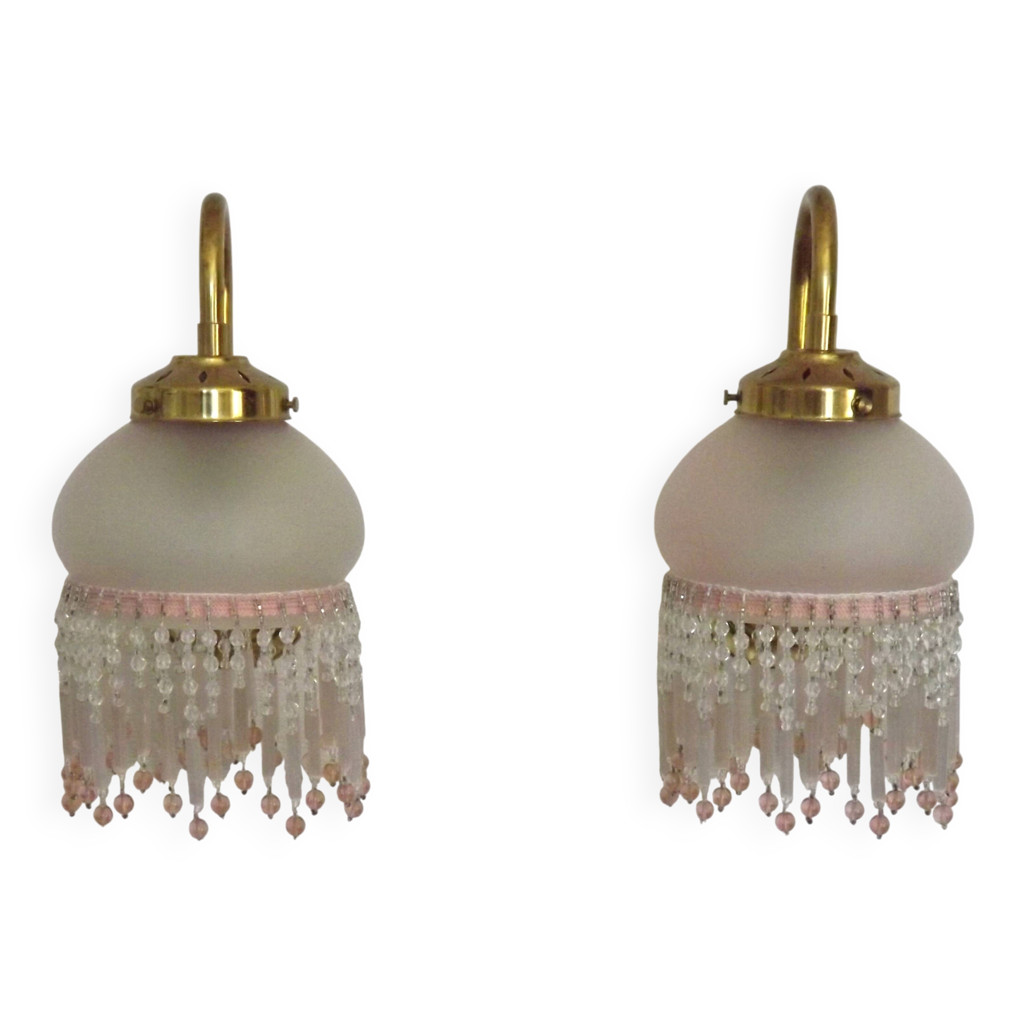 Pair of French Vintage Gold Wall Lights Pink Glass Beaded Fringe Shades