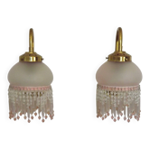 Pair of French Vintage Gold Wall Lights Pink Glass Beaded Fringe Shades