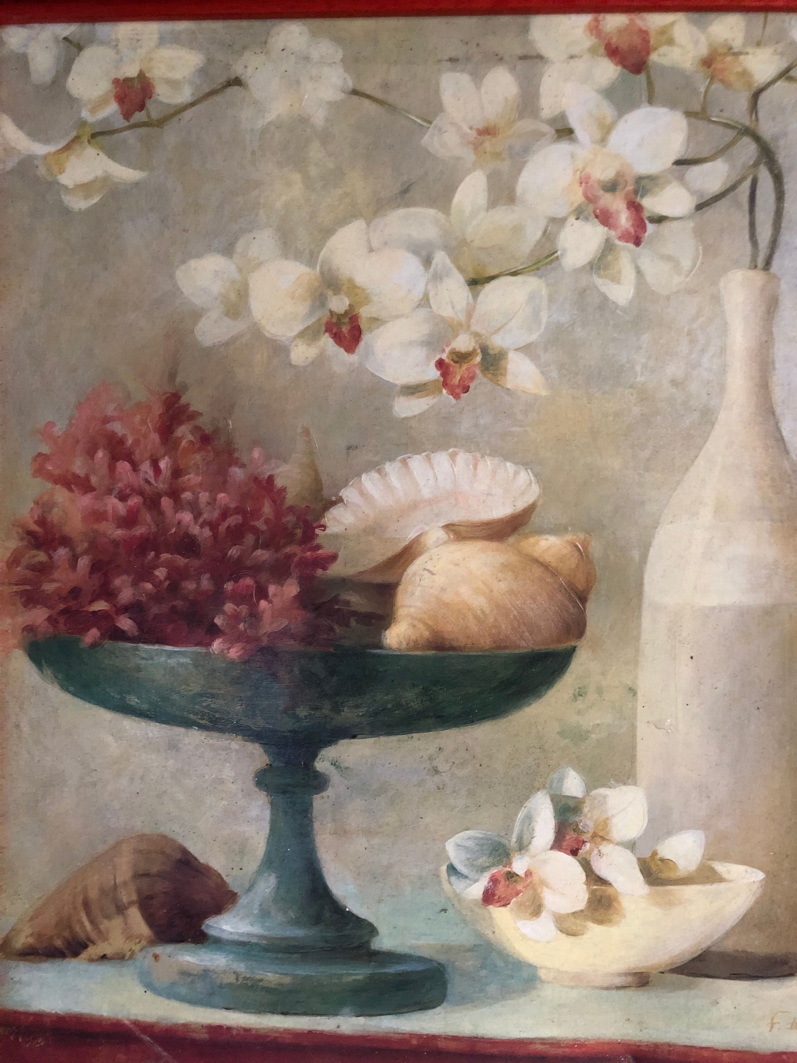 Oil on canvas Flowers and shells F. De Villeneuve