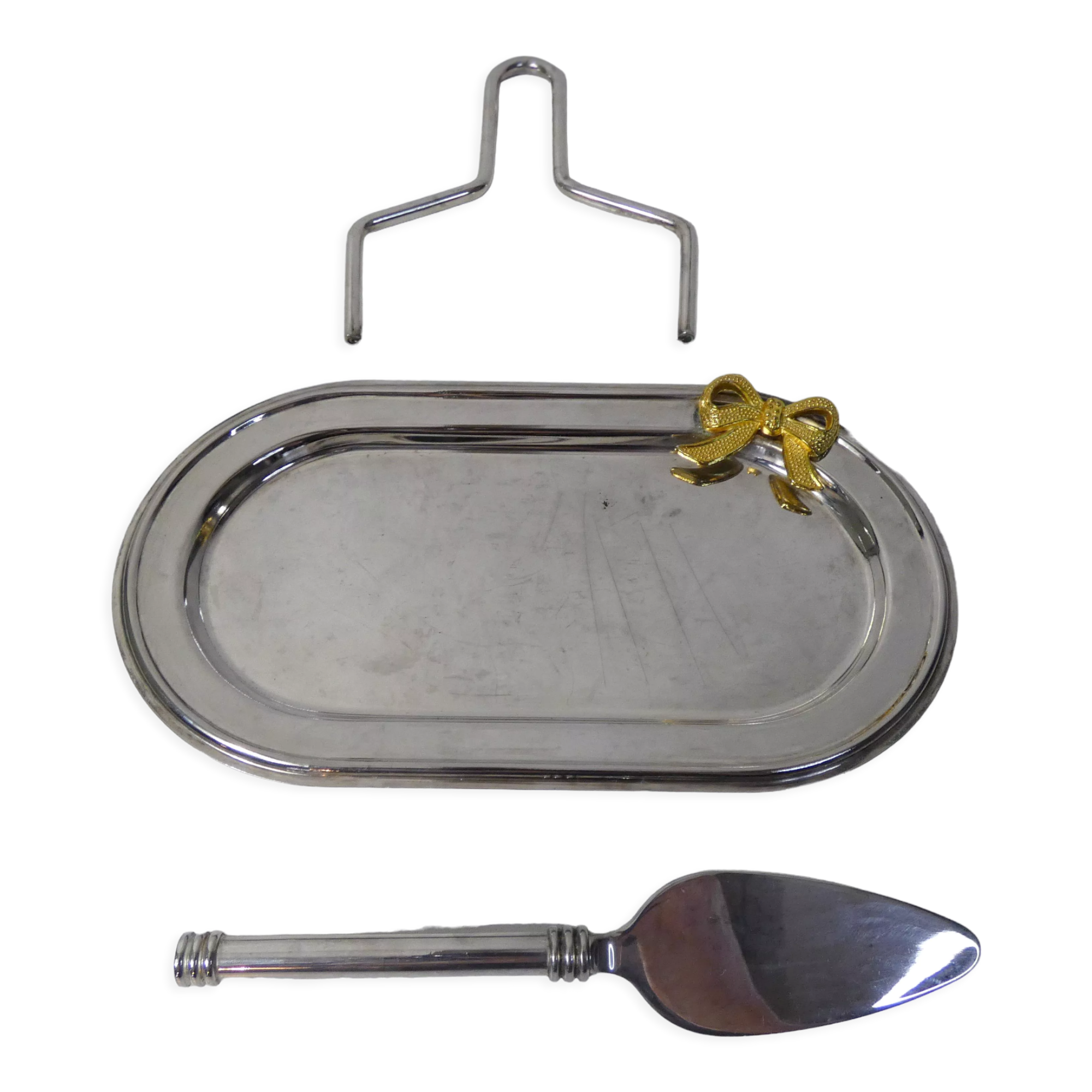 Flat foie gras service in silver metal and brass
