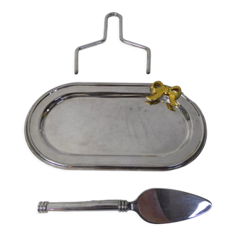 Flat foie gras service in silver metal and brass