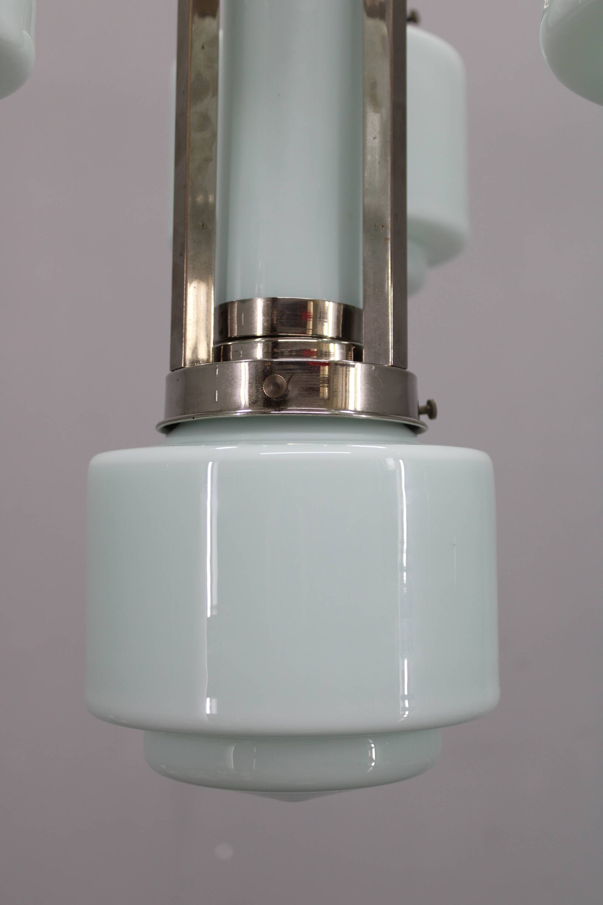 Art Deco nickel chandelier with cylindrical light opaline shades, Czechoslovakia