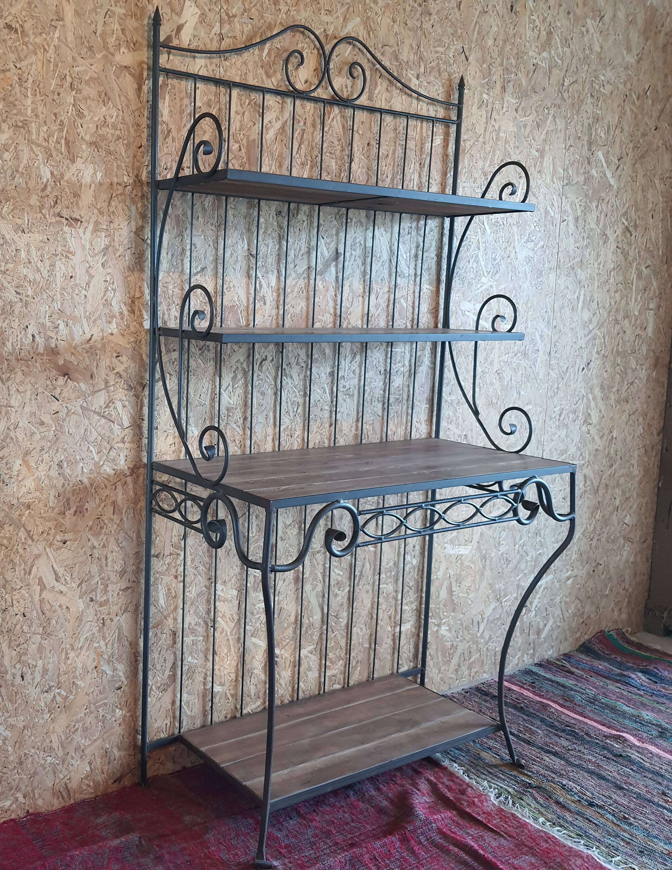 Wrought iron and wood baker shelves