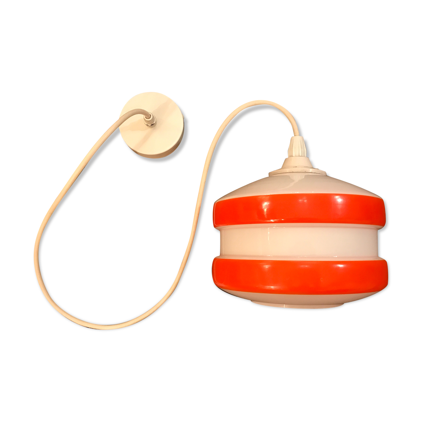 Suspension opaline orange et blanche verre années 60