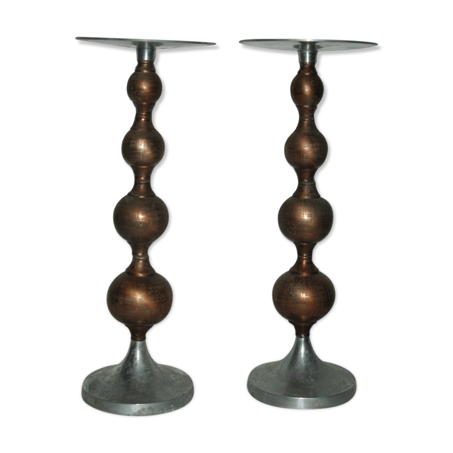 Pair of brutalist aluminum and copper candle holder