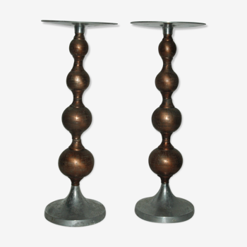 Pair of brutalist aluminum and copper candle holder