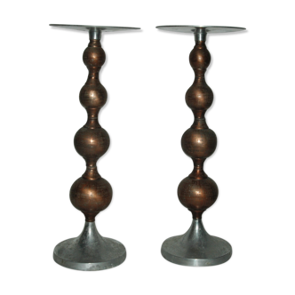 Pair of brutalist aluminum and copper candle holder