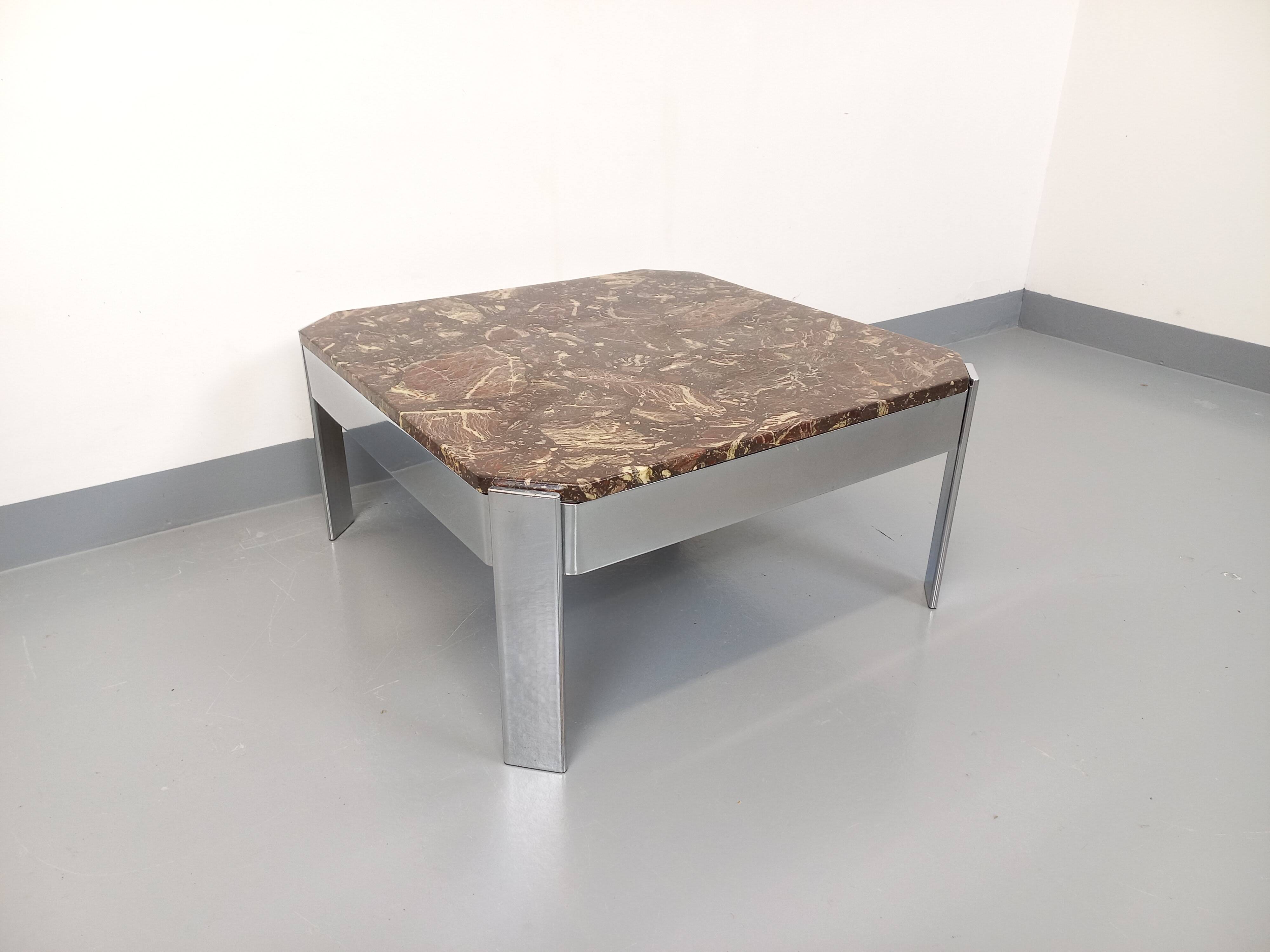 Vintage square coffee table in marble and chrome metal from the 70s