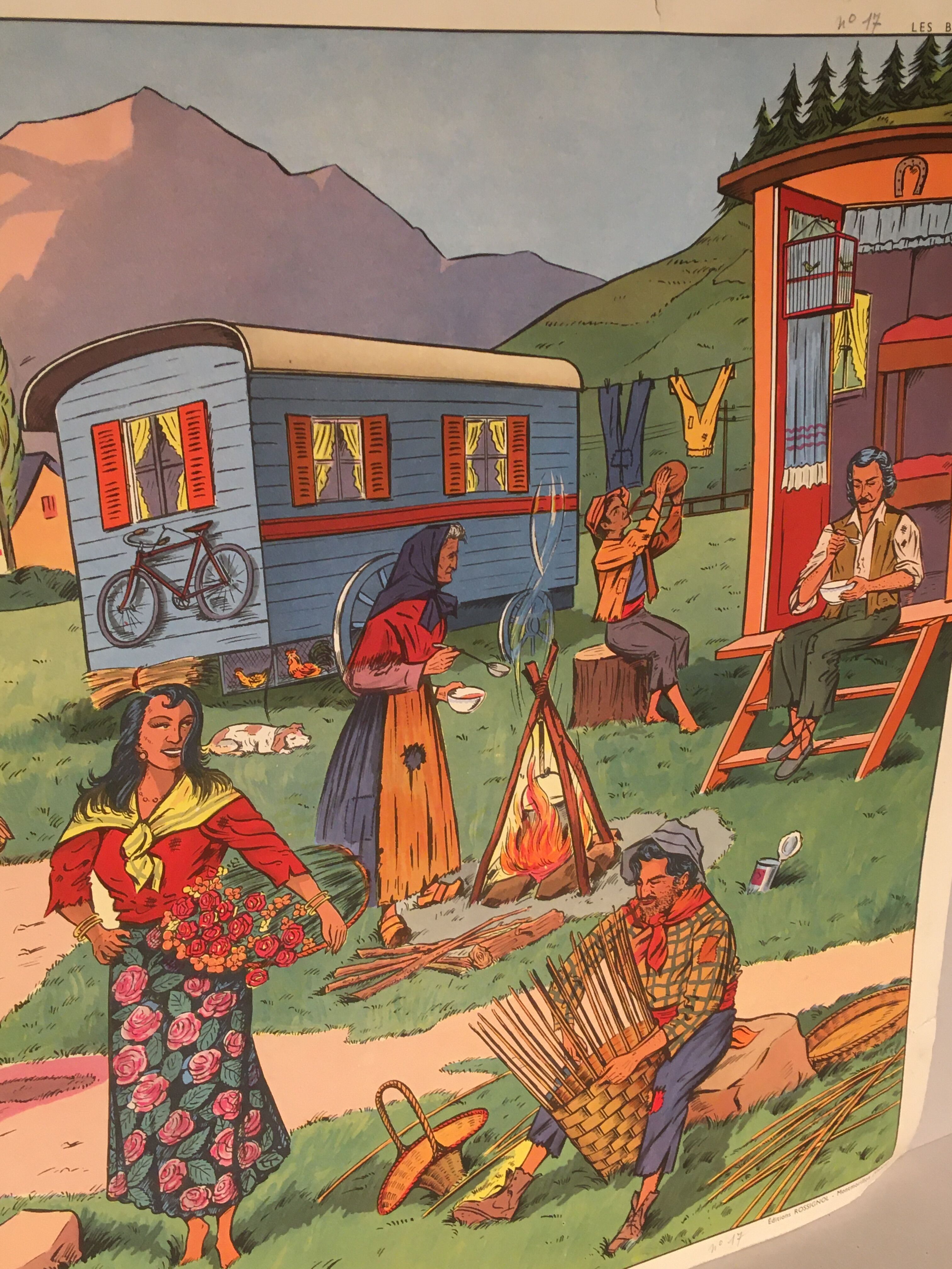 Affiche scolaire école vintage scène de vie recto « Les bohémiens" verso "Vacances au bord de la mer" pour Rossignol années 50