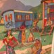 Affiche scolaire école vintage scène de vie recto « Les bohémiens" verso "Vacances au bord de la mer" pour Rossignol années 50