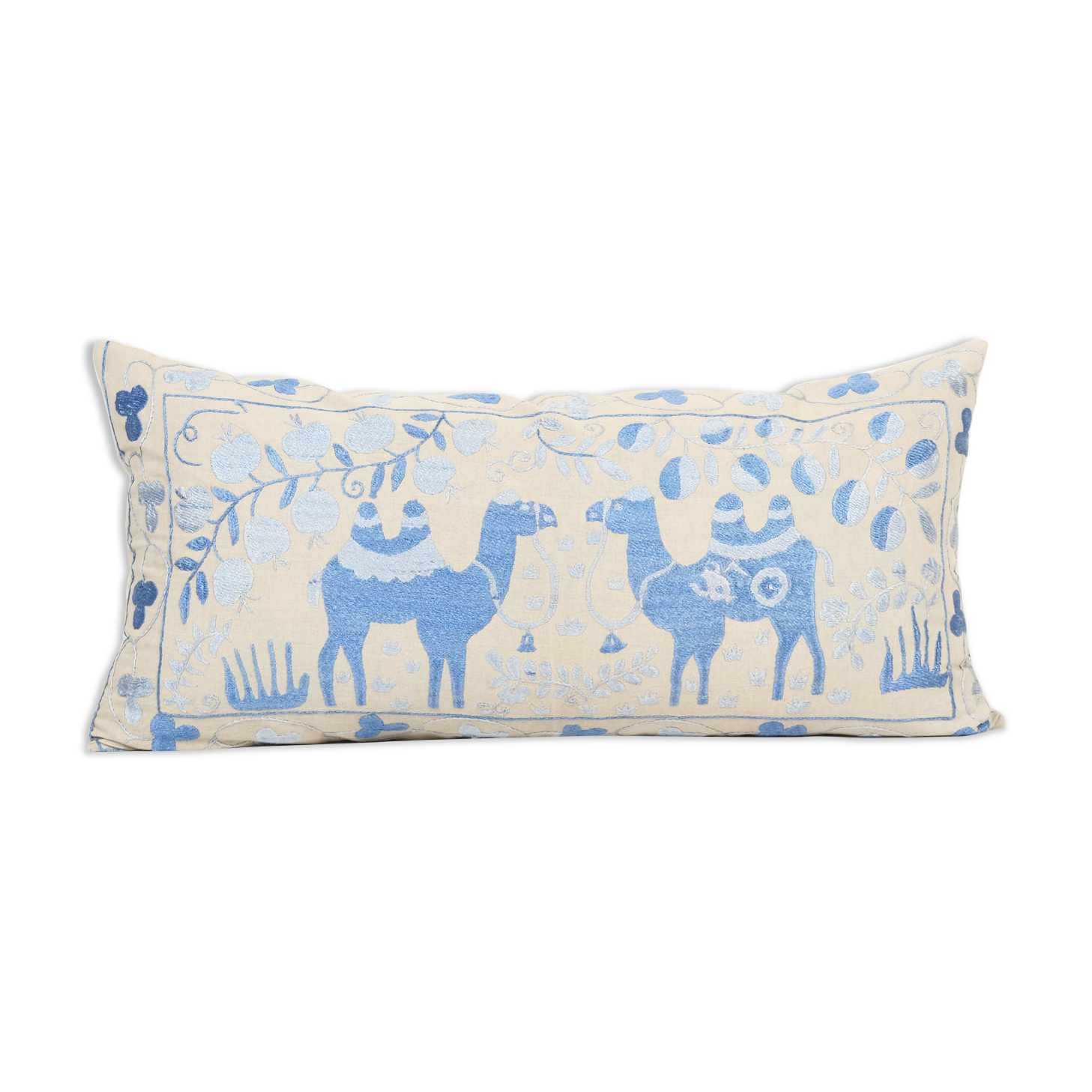 16" x 32" Vintage Animal Suzani Pillow Cover, Camel Patterns Hippie Long Cushion Cover 1960s Handmade