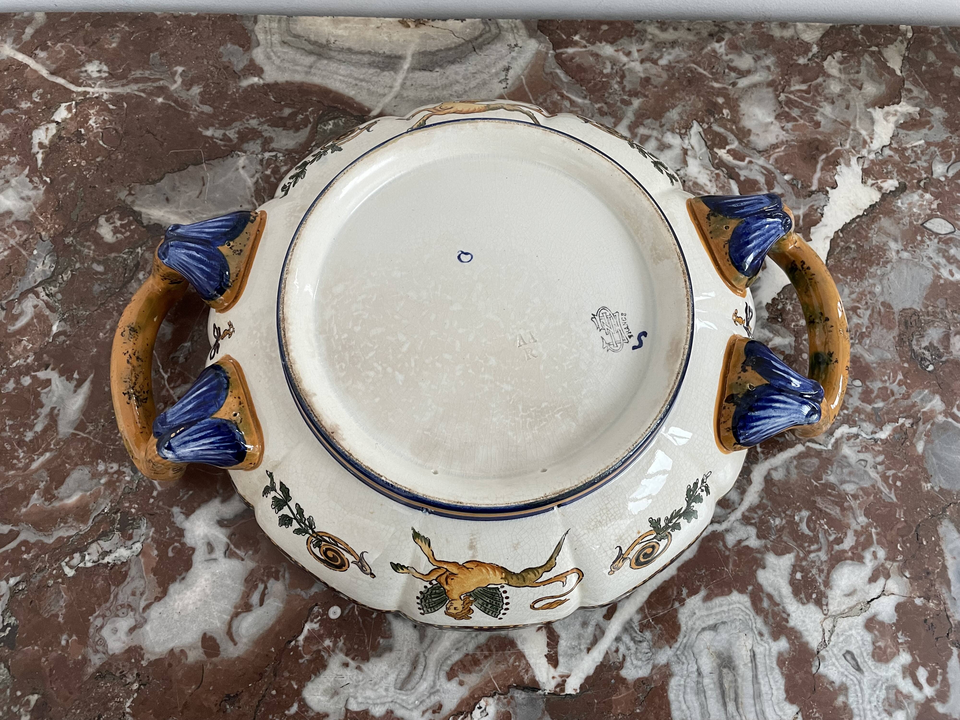 Antique, flat, bowler cup, centerpiece, Gien earthenware, nineteenth century, Renaissance décor