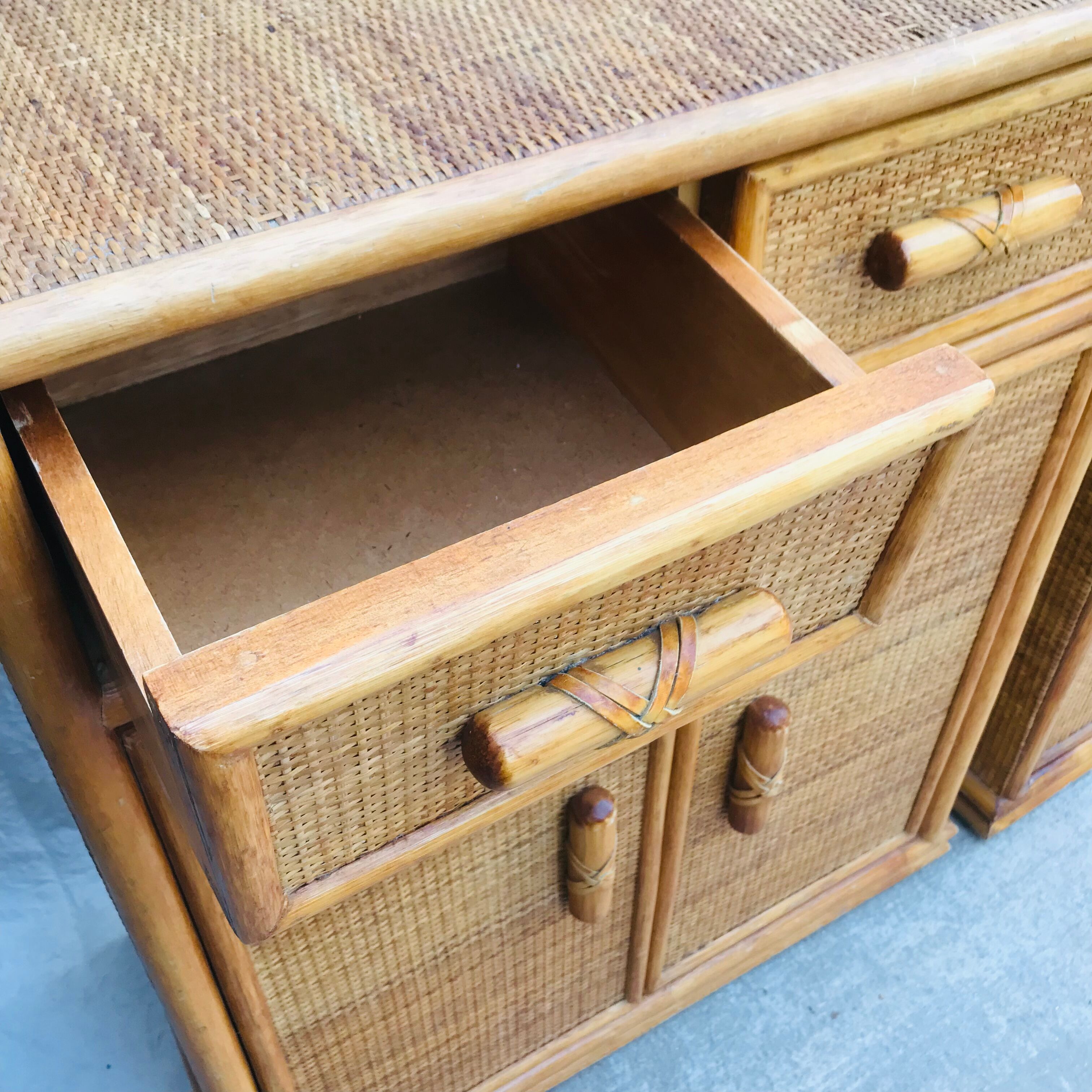 Pair of sideboards in rattan and wicker braided vintage 1970.
