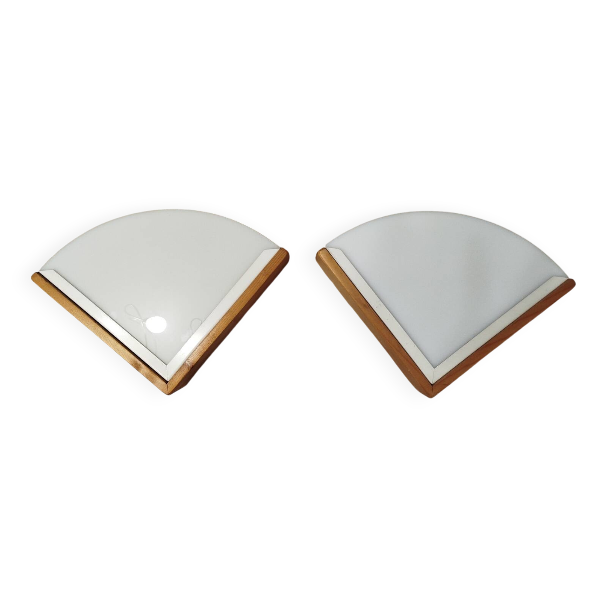 Pair of postmodern wood and plexiglass wall lights from the 1980s.