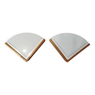 Pair of postmodern wood and plexiglass wall lights from the 1980s.