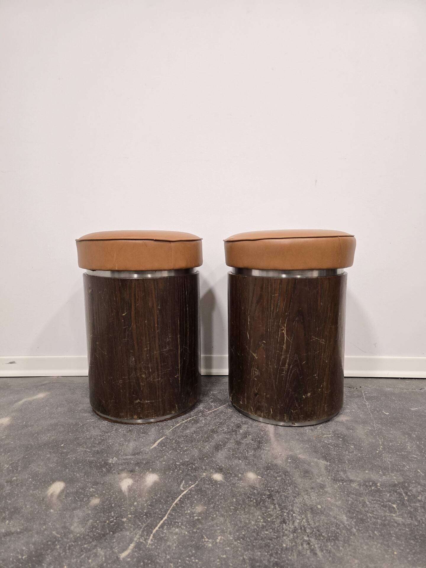 1970s Vintage Wooden Stool – Faux Leather Cushion & Aluminium Trim