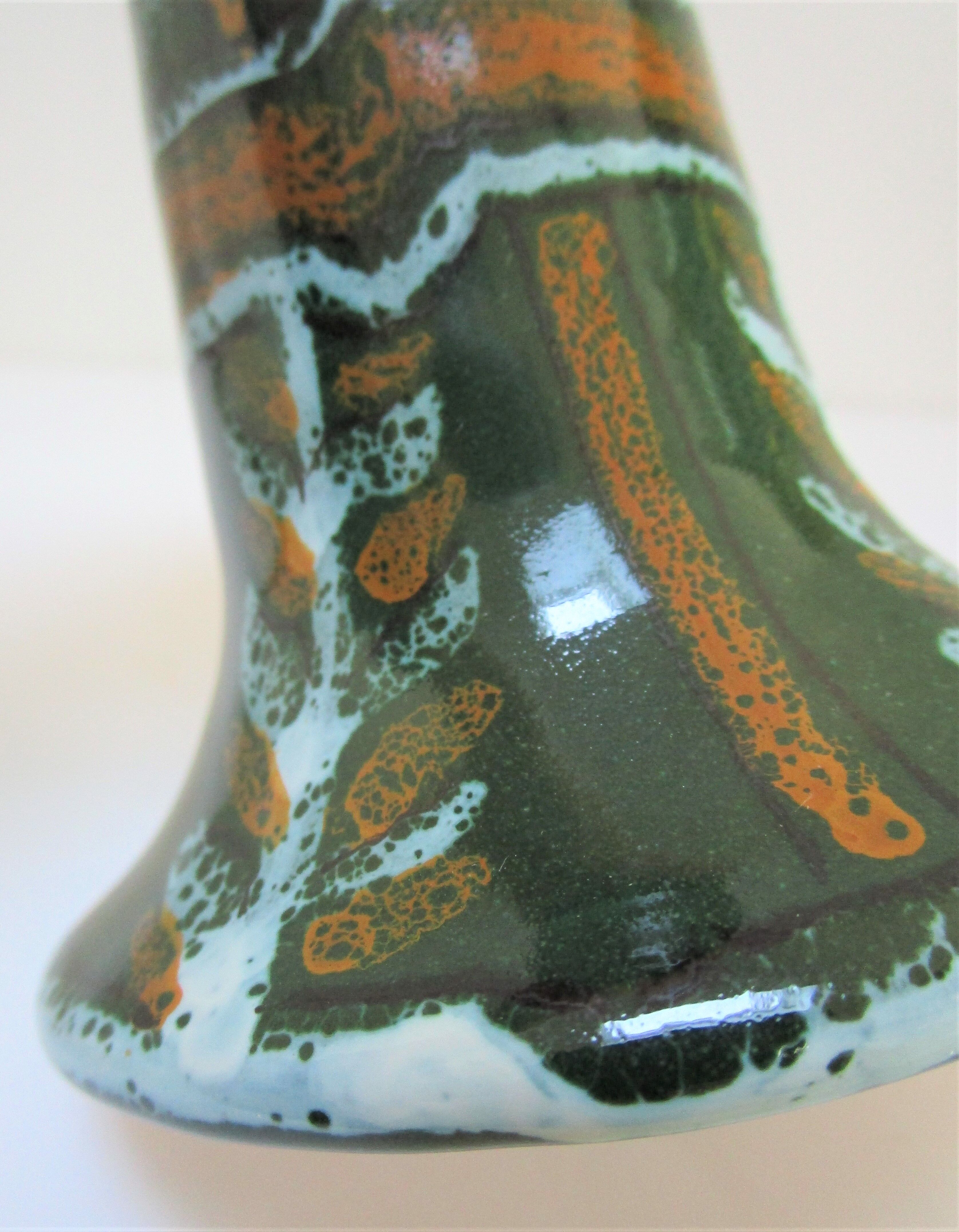 enamelled ceramic candle holder signed "S" plant decoration 70s