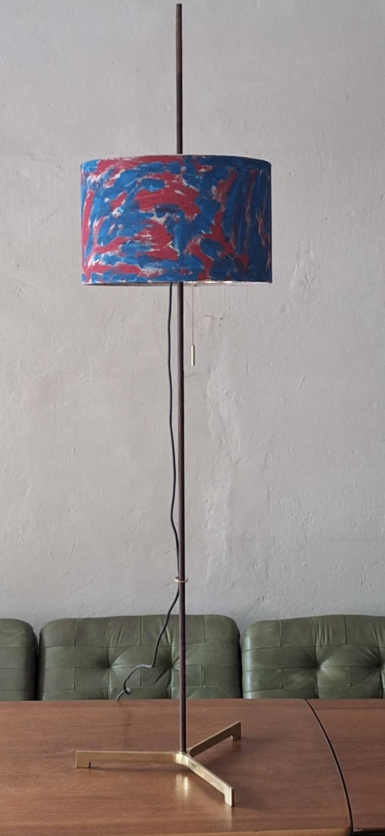 Danish adjustable teak floor lamp with tripod brass foot, 1960s