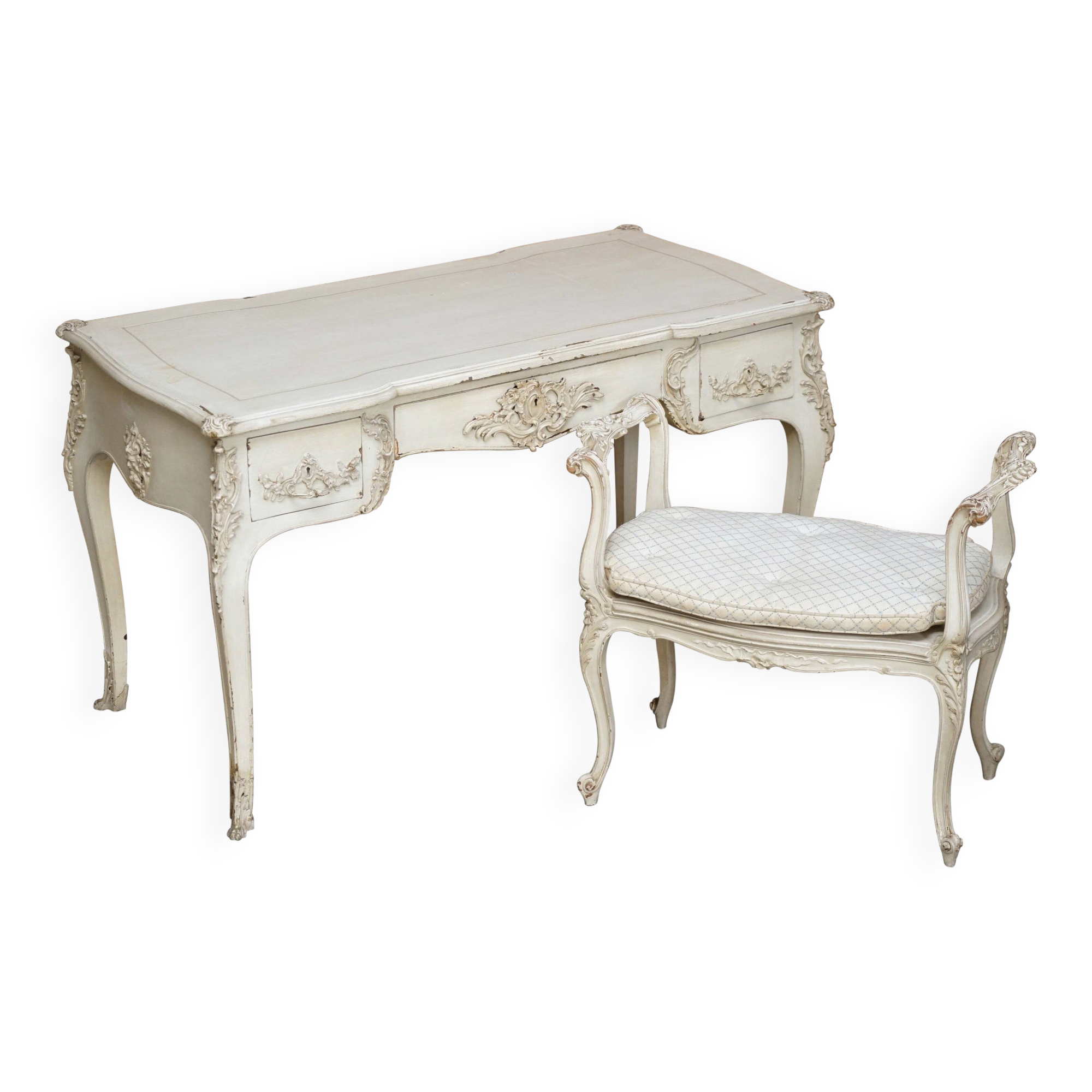 Antique Louis XV style flat desk painted with stool.