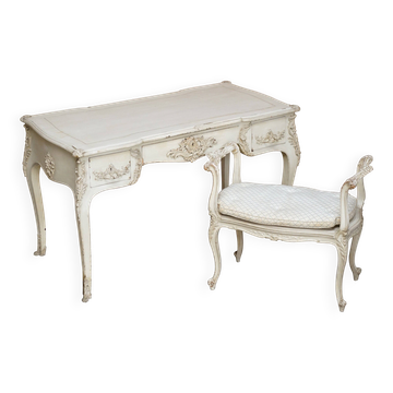 Antique Louis XV style flat desk painted with stool.