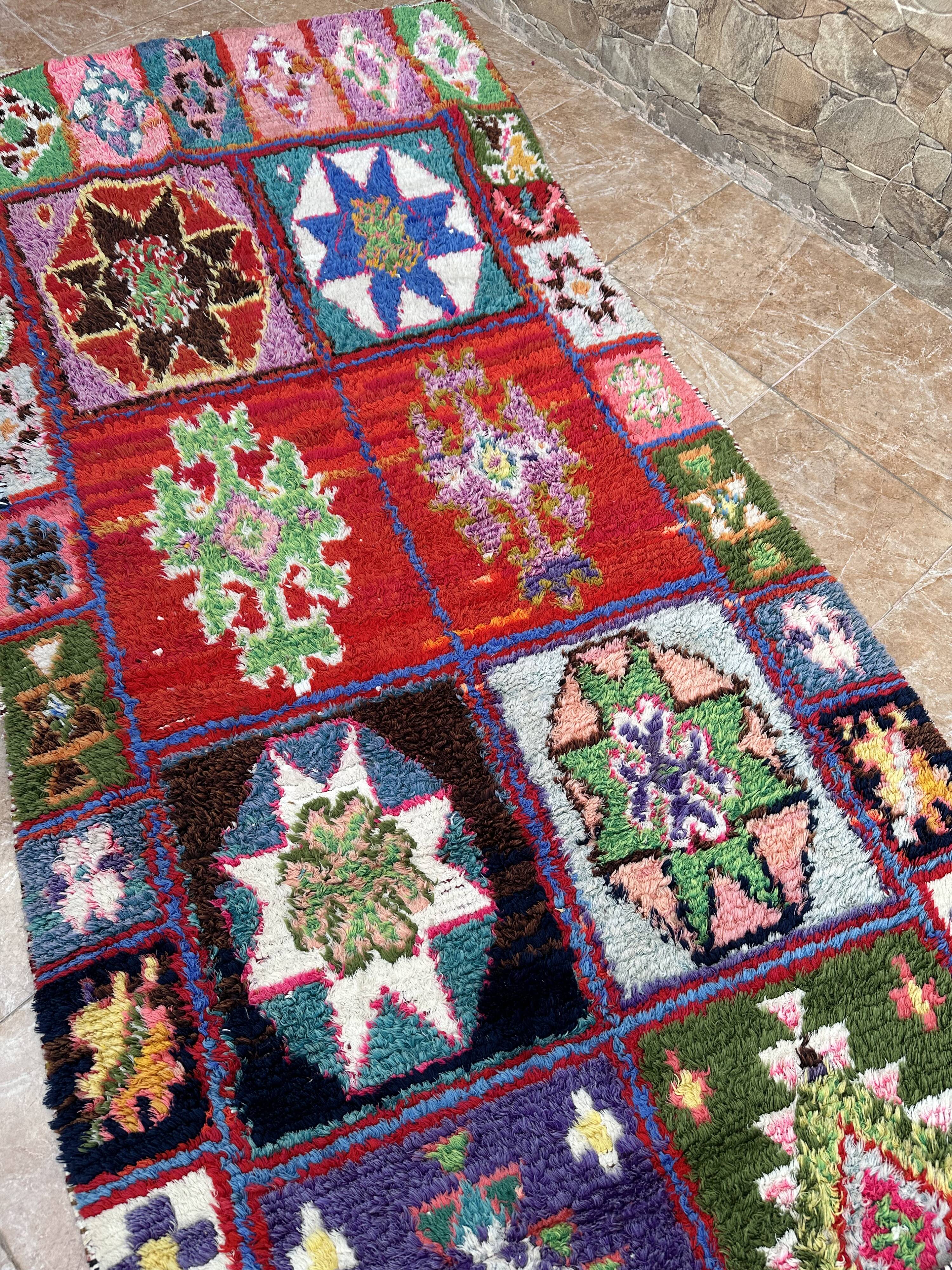 Vintage Boucherouite hallway rug: handwoven Berber rug.