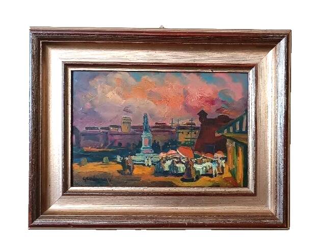Oil on faesite, square with figures, gerolamo bolli (pisa 1933-2009)