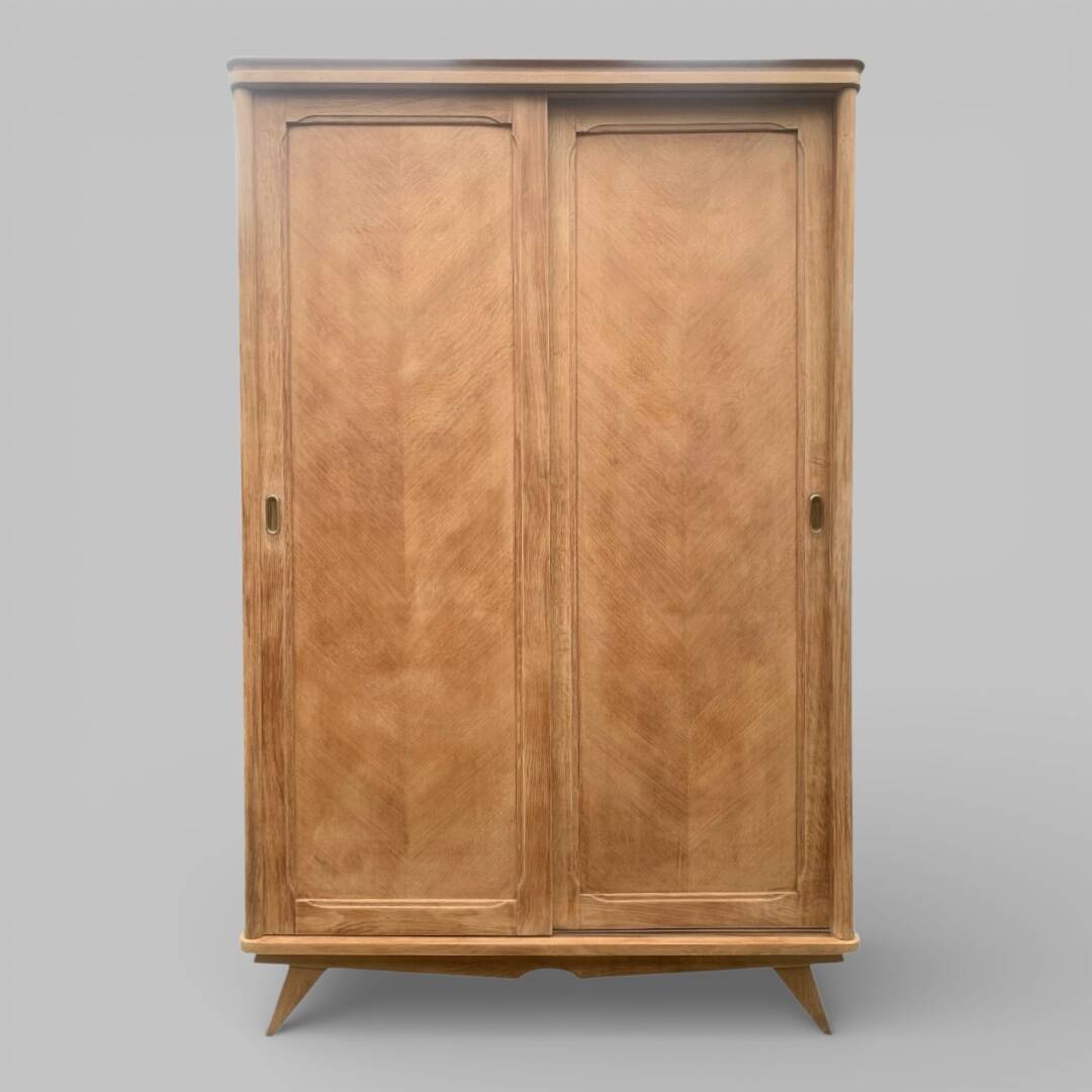 Vintage wardrobe with compass legs in raw wood, sliding doors, 1960s