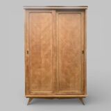 Vintage wardrobe with compass legs in raw wood, sliding doors, 1960s