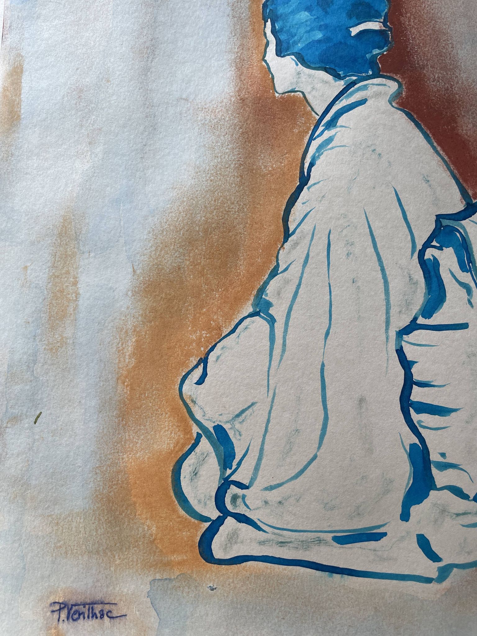 Signed painting pastel and Indian ink female portrait Japan “geisha blue”