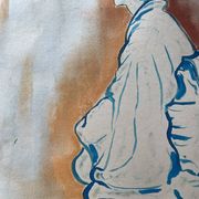 Signed painting pastel and Indian ink female portrait Japan “geisha blue”