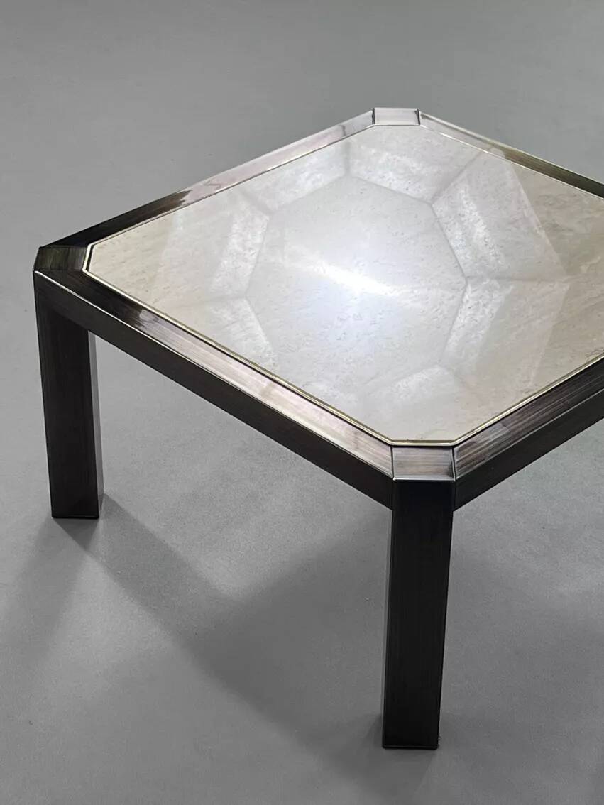 Square coffee table from the 80s in metal and travertine Belgochrome Design.