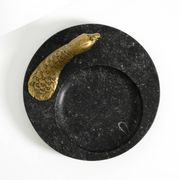 Beautiful, large black granite valet tray featuring a brass peacock, circa