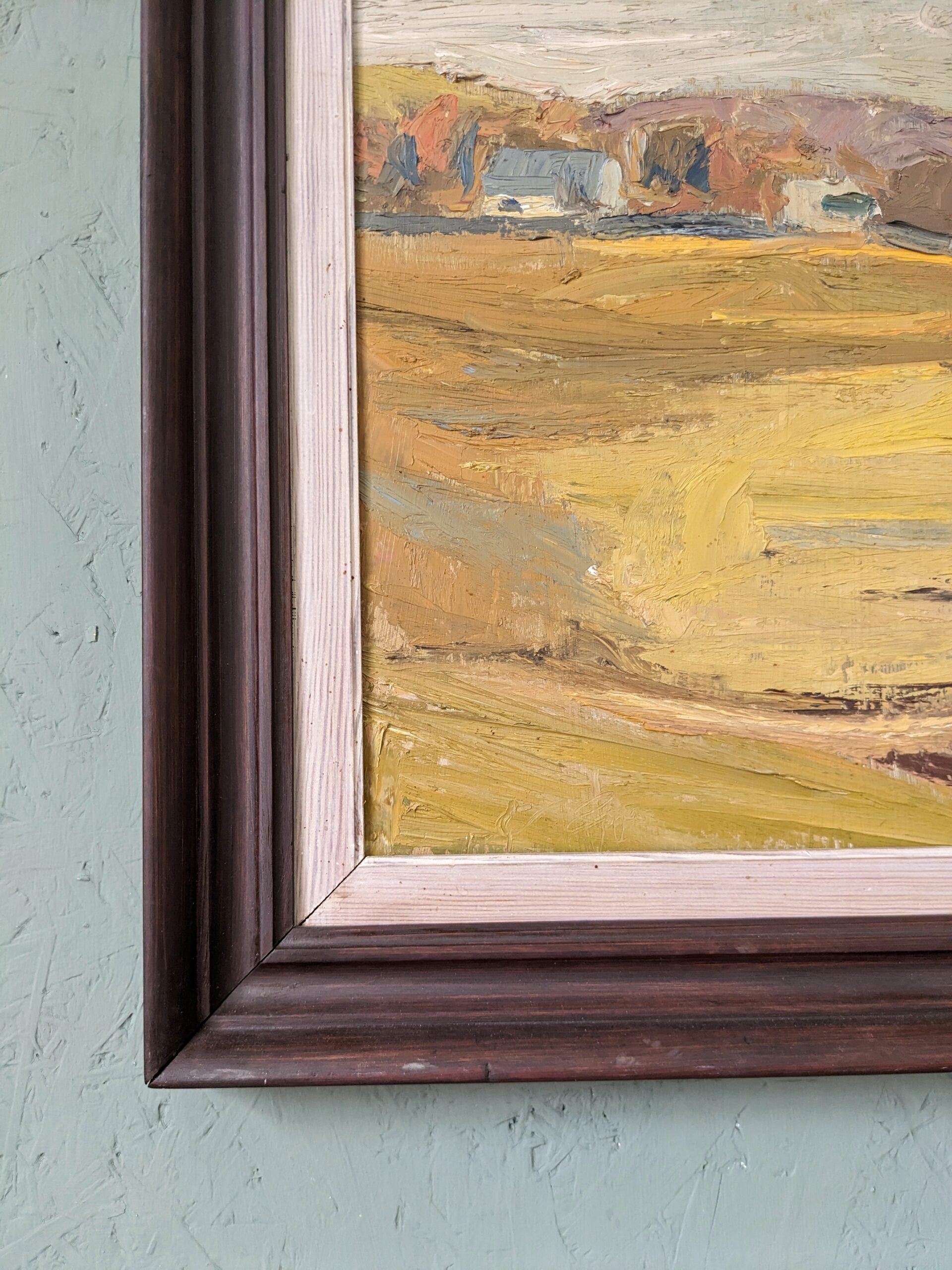 Peinture à l’huile de paysage vintage suédoise moderne « Golden Meadows » du milieu du siècle, encadrée