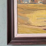 Peinture à l’huile de paysage vintage suédoise moderne « Golden Meadows » du milieu du siècle, encadrée