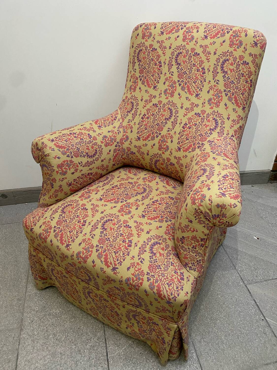 Antique English armchair with Liberty floral tapestry