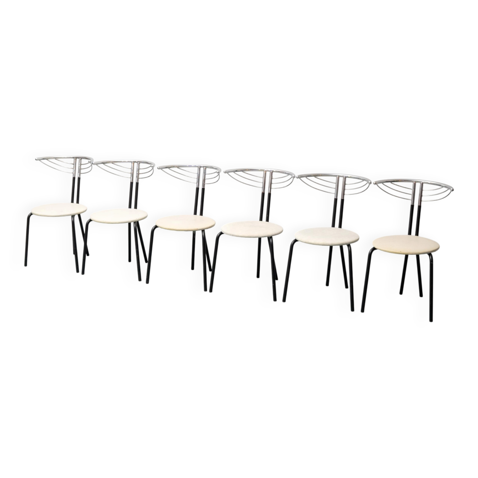 Set of 6 vintage chairs in chromed metal and white fabric, 1980s modernism