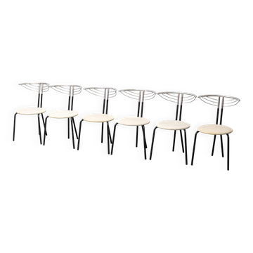6 chaises modernistes en métal chromé et tissu blanc, années 1980