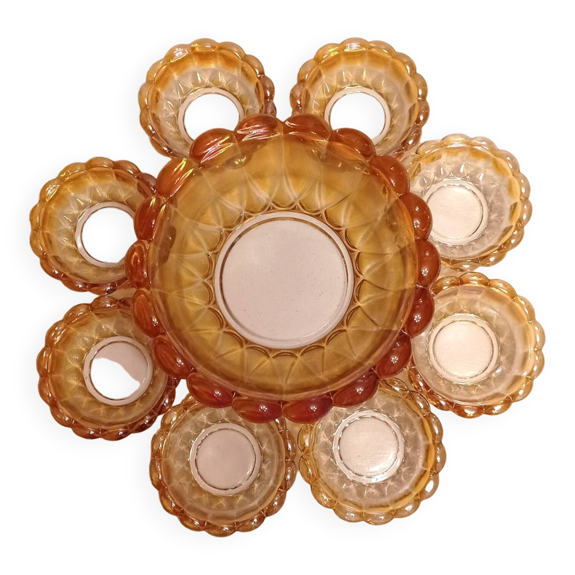 Vintage salad bowl service and 8 iridescent glass cups
