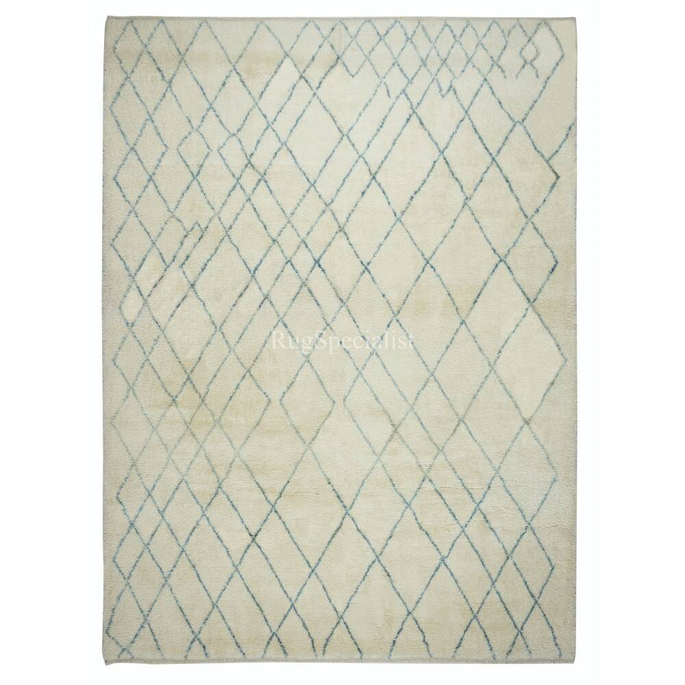Moroccan Tulu Rug in Beige and Teal Blue Colors, 100% Wool, Beni Ourain Carpet