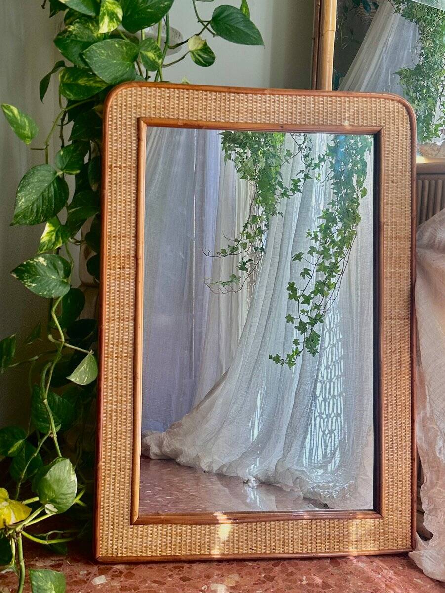 Bamboo and woven wicker mirrors in the style of Dior, 1960s-70s. Set of 2.